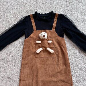Unique Bear Pocket Corduroy Jumper Dress with Tulle Sleeves (Size 6-7Y)
